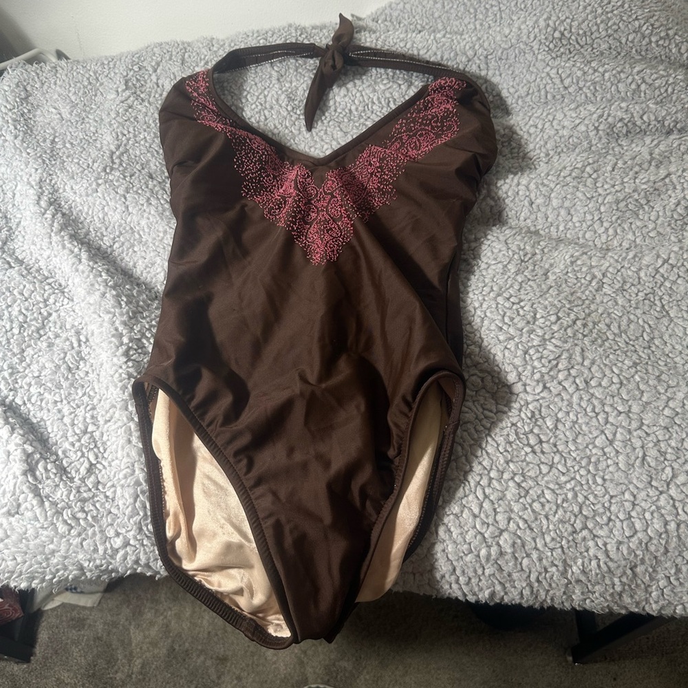 Swimsuit one piece Brown with pink beaded design